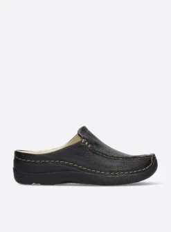 Slippers|Klompen<Wolky Seamy Slide - zwart geprint leer zwartgeprintleer